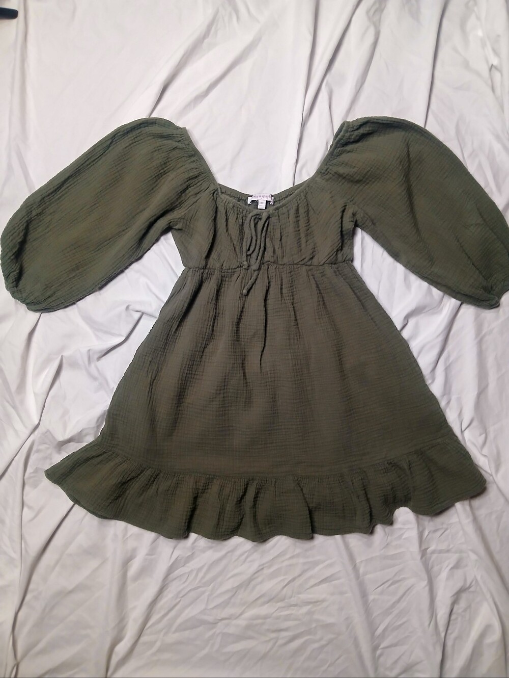 Sage Green Babydoll Puff-Sleeve Mini Dress